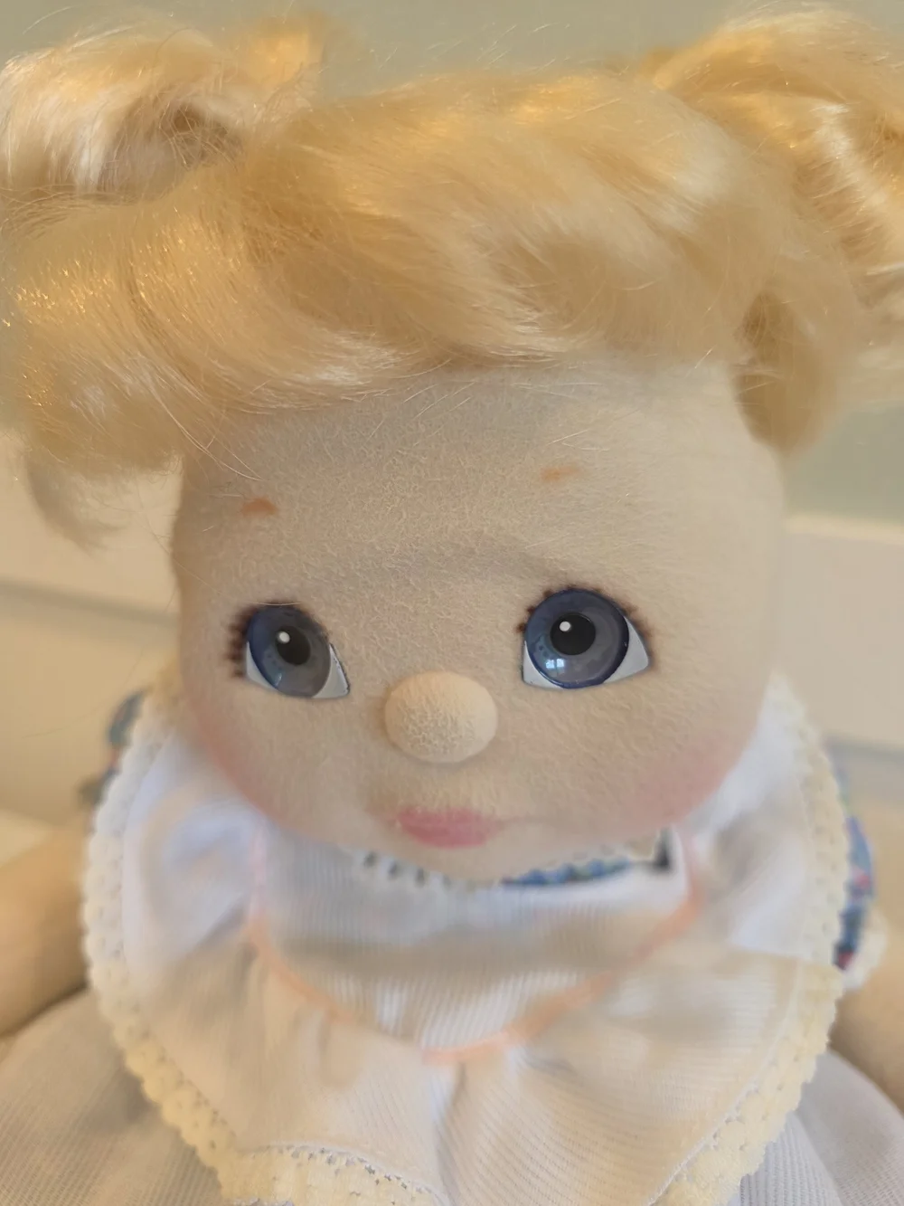 Vintage 1985 My Child Blonde Hair Blue Eyes Baby Doll in Blue Floral Dress